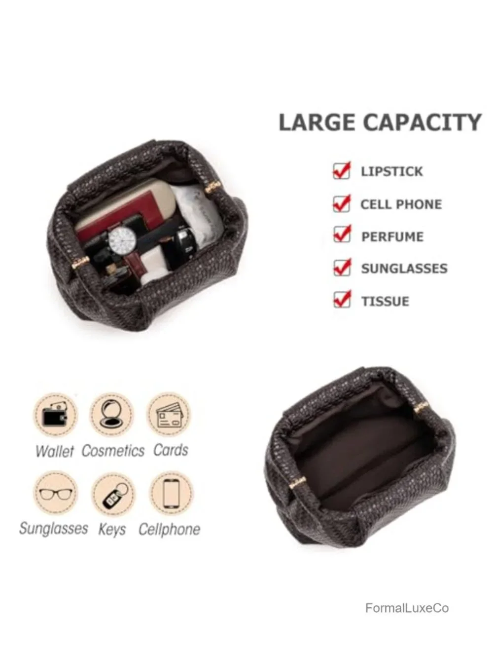Women's Woven Faux Leather Ruched Dumpling Clutch Evening Bag